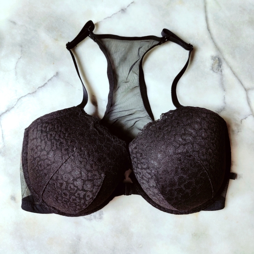 Victoria's Secret Black Lace Mesh Racerback Demi Front Close Bra, 38DD